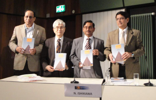 Jalaluddin Ahmed (Asso. Director, BRAC Health Programme), Faruque Ahmed (Director, BRAC Health Programme), AKM Amir Hossain (Additional Secretary, MoHFW, GoB) and Dr. Nobukatsu Ishikawa, the Director of the Research Institute of Tuberculosis (RIT), Japan - at the launch of the book